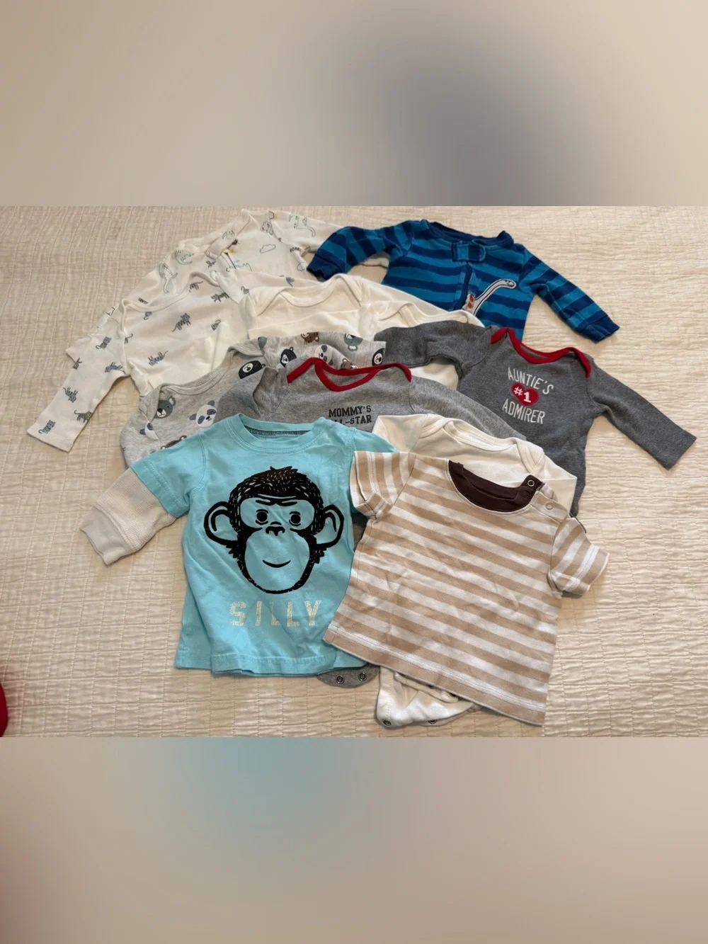 Large lot of 3 month baby clothes 11 pieces bodysuits footed pajamas T-shirts